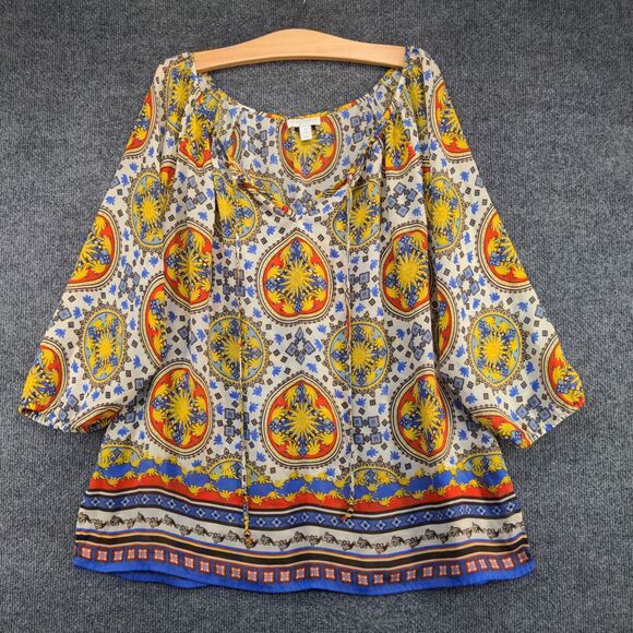 Charter Club Women's Tunic Top Blouse Multi Plus Size 1X Geometric Tie Neck - Picture 2 of 13